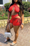 Red Fashion Sexy Solid Bandage Hollowed Out Backless Halter Sleeveless Two Pieces