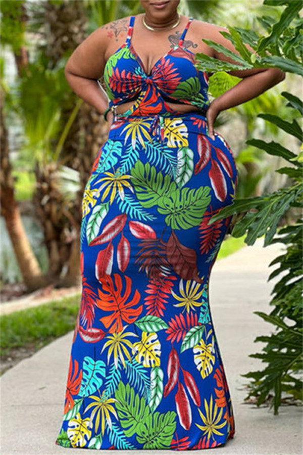 Blue Fashion Print Hollowed Out Backless Spaghetti Strap Long Dress