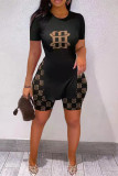 Black Fashion Casual Print Basic O Neck Short Sleeve Two Pieces
