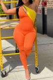 Orange Sexy Casual Solid Patchwork Backless One Shoulder Skinny Jumpsuits