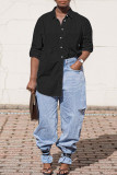 Light Blue Fashion Casual Solid Basic Turndown Collar Denim Shirt Tops