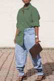Light Blue Fashion Casual Solid Basic Turndown Collar Denim Shirt Tops