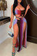 Red Fashion Sexy Print Hollowed Out Backless Slit Spaghetti Strap Long Dress