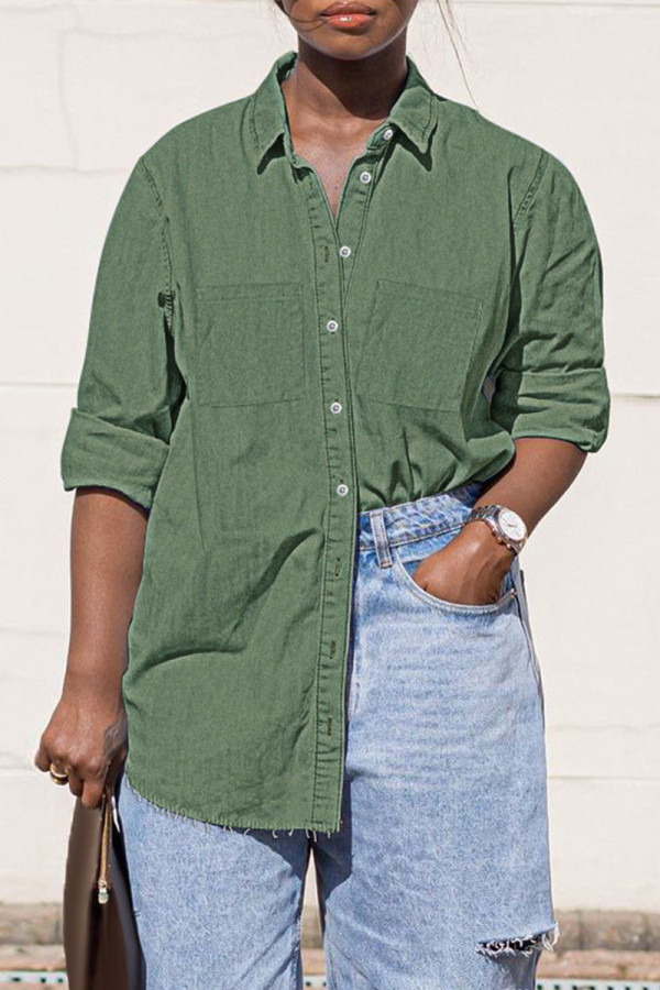 Army Green Fashion Casual Solid Basic Turndown Collar Denim Shirt Tops