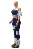 Dark Blue Sexy Casual Patchwork Backless Strapless Short Sleeve Two Pieces