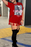 Red Casual Print Tassel Patchwork O Neck Short Sleeve Two Pieces