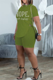 Black Fashion Casual Letter Hot Drilling Bandage O Neck Short Sleeve Two Pieces