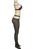 Black Fashion Sexy Patchwork Hollowed Out See-through Backless Spaghetti Strap Sleeveless Two Pieces