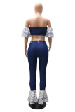 Dark Blue Sexy Casual Patchwork Backless Strapless Short Sleeve Two Pieces