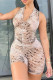 Khaki Fashion Casual Print Basic V Neck Skinny Romper