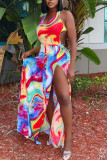 Multicolor Sexy Print Bandage Patchwork Backless Halter Sleeveless Two Pieces