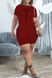 Blue Fashion Casual Print Bandage O Neck Short Sleeve Two Pieces