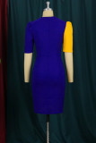 Yellow Blue Fashion Casual Patchwork Tassel Slit O Neck Short Sleeve Dress