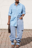 Light Blue Fashion Casual Solid Basic Turndown Collar Denim Shirt Tops