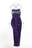 Purple Fashion Sexy Patchwork Sequins Backless Slit Spaghetti Strap Long Dress