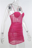 Rose Red Fashion Sexy Patchwork Hot Drilling See-through Backless Spaghetti Strap Sleeveless Dress