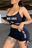 Black Casual Sportswear Letter Print Bandage Backless Spaghetti Strap Sleeveless Two Pieces