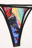 Blue Sexy Print Patchwork V Neck Long Sleeve Two Pieces