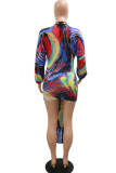 Blue Sexy Print Patchwork V Neck Long Sleeve Two Pieces