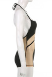 Black Fashion Sexy Patchwork Bandage See-through Backless Spaghetti Strap Skinny Romper