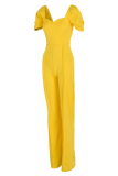 Yellow Casual Solid Patchwork Boot Cut Jumpsuits