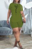 Blue Fashion Casual Print Bandage O Neck Short Sleeve Two Pieces