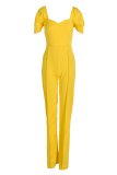 Yellow Casual Solid Patchwork Boot Cut Jumpsuits