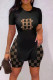 Black Fashion Casual Print Basic O Neck Short Sleeve Two Pieces