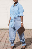 Light Blue Fashion Casual Solid Basic Turndown Collar Denim Shirt Tops