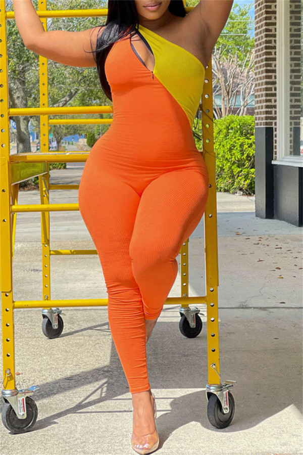 Orange Sexy Casual Solid Patchwork Backless One Shoulder Skinny Jumpsuits