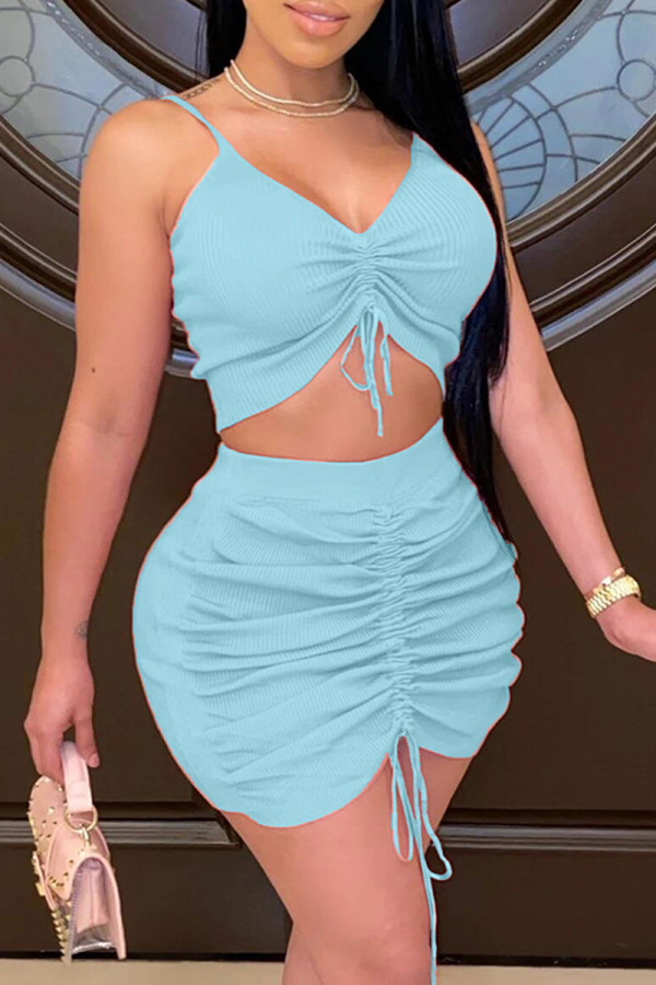Light Blue Fashion Sexy Solid Bandage Draw String Backless V Neck Sleeveless Two Pieces
