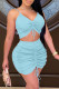 Light Blue Fashion Sexy Solid Bandage Draw String Backless V Neck Sleeveless Two Pieces