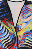 Blue Sexy Print Patchwork V Neck Long Sleeve Two Pieces