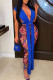 Peacock Blue Fashion Sexy Print Asymmetrical V Neck Sleeveless Two Pieces