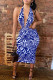 Blue Sexy Print Patchwork Backless V Neck One Step Skirt Dresses