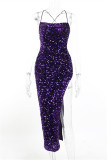 Purple Fashion Sexy Patchwork Sequins Backless Slit Spaghetti Strap Long Dress