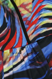 Blue Sexy Print Patchwork V Neck Long Sleeve Two Pieces
