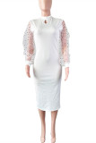 White Fashion Casual Solid Hollowed Out Split Joint Beading Half A Turtleneck Long Sleeve Dresses