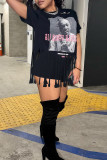 Red Casual Print Tassel Patchwork O Neck Short Sleeve Two Pieces