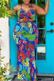 Blue Fashion Print Hollowed Out Backless Spaghetti Strap Long Dress
