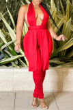 Red Fashion Sexy Solid Patchwork Backless Halter Sleeveless Two Pieces