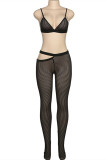 Black Fashion Sexy Patchwork Hollowed Out See-through Backless Spaghetti Strap Sleeveless Two Pieces
