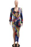Blue Sexy Print Patchwork V Neck Long Sleeve Two Pieces