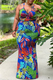 Blue Fashion Print Hollowed Out Backless Spaghetti Strap Long Dress