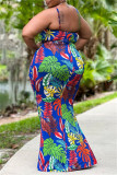Blue Fashion Print Hollowed Out Backless Spaghetti Strap Long Dress