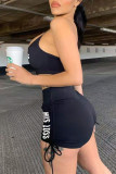 Black Casual Sportswear Letter Print Bandage Backless Spaghetti Strap Sleeveless Two Pieces