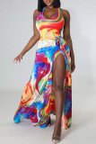 Multicolor Sexy Print Bandage Patchwork Backless Halter Sleeveless Two Pieces