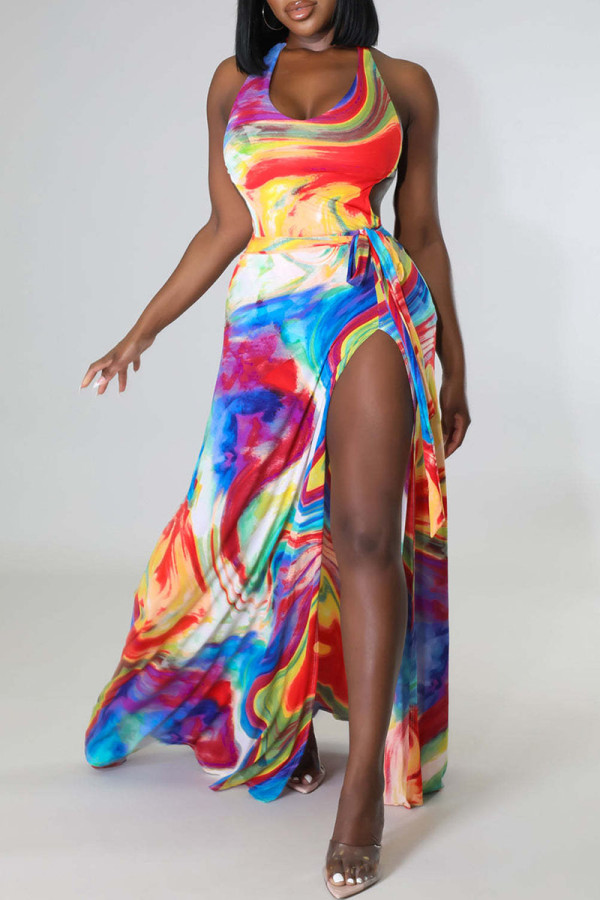 Multicolor Sexy Print Bandage Patchwork Backless Halter Sleeveless Two Pieces