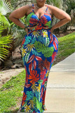 Blue Fashion Print Hollowed Out Backless Spaghetti Strap Long Dress