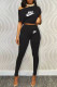 Black Fashion Casual Print Letter Oblique Collar Short Sleeve Two Pieces